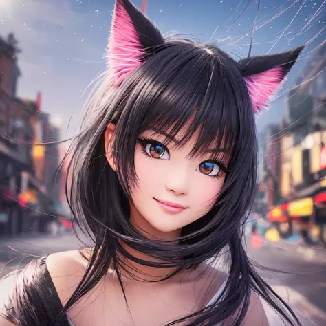 black hair, hair bobbles, wince, longeyelashes, solid circle eyes, fake animal ears, light smile, ear blush, fang, surrealism, d...