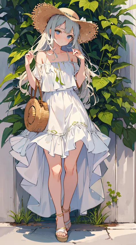 masterpiece, superb 1girl, solo, side_braidstreet, plant, (white dress), skirt, off-the-shoulder dress, bare shoulder, straw hat, (: >), double braid,, full body, (sunshine), (), sandals, blush, collarbone, white shoes, miki bag summer, miki v2,,,
