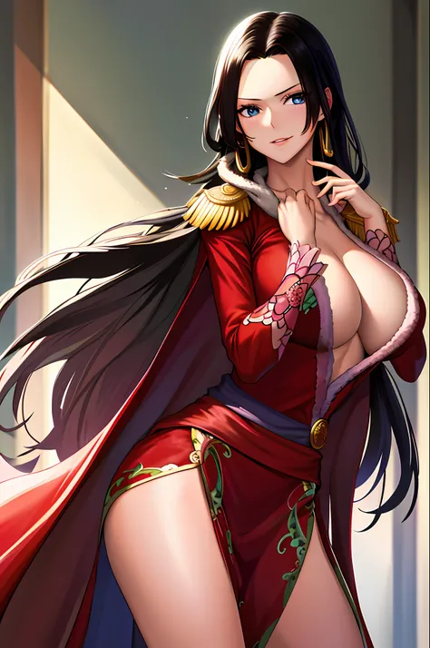 masterpiece, best quality, highres, hancock1, 1girl, boa hancock, large breasts, long hair, epaulettes, cape, side slit, cowboy ...