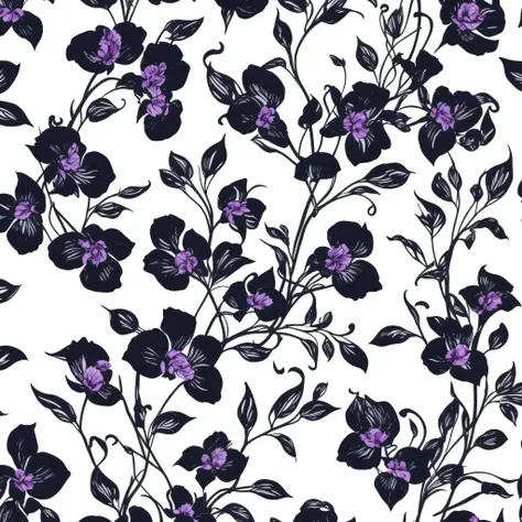 flowers and vines pattern with black orchid flowers on a  white background