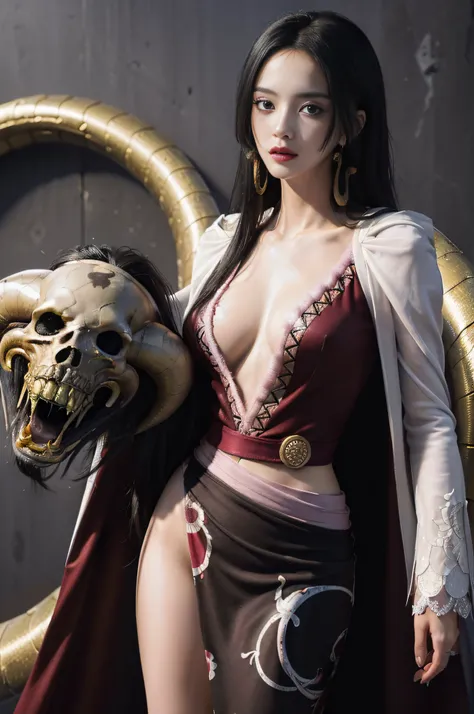 (((masterpiece+best quality+high resolution+ultra-detailed))), boa hancock, long silky black hair, high nose, sharp eyes, noble and inviolable temperament, (([female]: 1.2 + [beauty]: 1.2 + black long hair: 1.2)), snake_skull background, bright eyes, dynam...