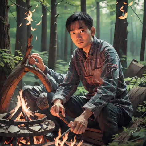 Chinese man sitting in front of a campfire in the woods, portrait of Etienne Dreiset, winner of pexels competition, digital art, 8k art portrait photography, dramatic portrait of Namenlos, portrait shooting 8k, movie portrait, film. Author: Leng Jun, Portr...