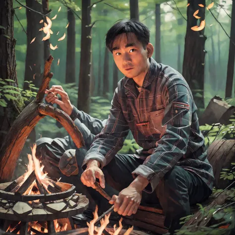 chinese man sitting in front of a campfire in the woods, portrait of etienne dreiset, winner of pexels competition, digital art,...