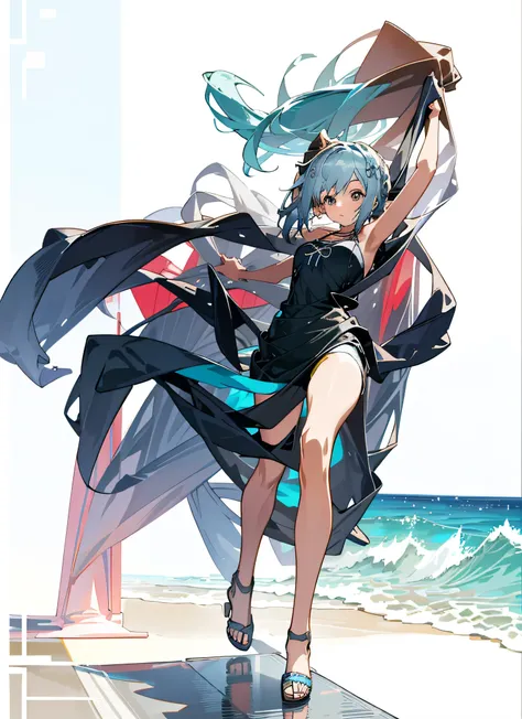 anime girl in blue tank top standing in the ocean with her arms out, kantai collection style, smooth anime cg art, in the beach, at the beach, anime best girl, at a beach, loli in dress, anime moe artstyle, standing at the beach, attractive anime girl, ful...
