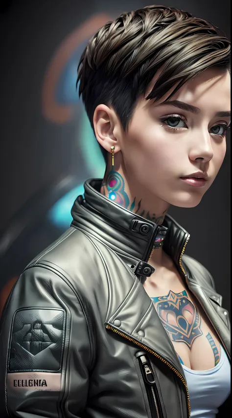 realistic,photo,35mm,cinematic(1woman with super puffer balenciaga jacket with short hair,neck tattoos)colorful background graph...