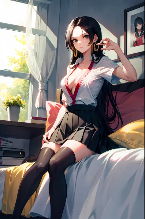 Boa hancock, 1girl, solo, ((white shirt)), black thighhighs, breasts, cleavage, uniform, office background, black skirt, pleated skirt, office, hair between eyes, large breasts, long hair, looking at viewer, black hair, red short nails, black eyes, solo, t...