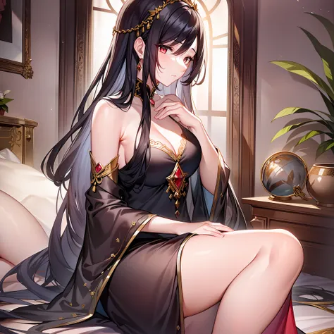 In this quiet bedroom, the black-haired female emperor sitting on the edge of the bed looked shy and feminine. She wore a gorgeous red long dress, her long black hair was draped over her shoulders, and her pretty face showed a brave and gentle demeanor. Sh...