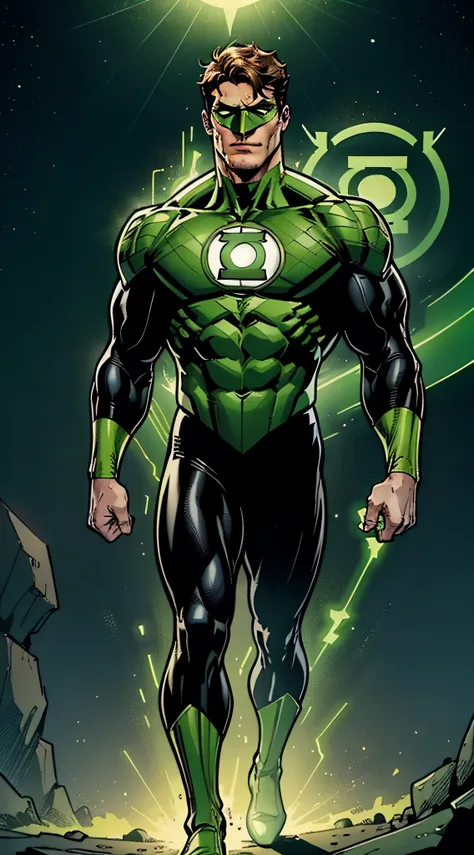 green lantern, hal jordan, full body shot, face of a 30s, tall, hunk, lean muscle, short hazel hair, neon green and black suit, ...