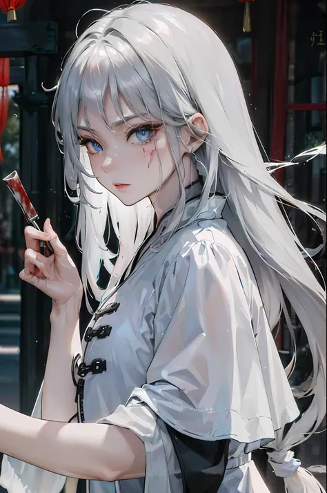 (Masterpiece, Excellent), Night, Rainy Day, (Chinese Style, Ancient China), Mature Woman, Silver-White Long-Haired Woman, Gray-Blue Eyes, Effeminate, Assassin, Short Knife, White Clothes, Black Clothing Lines, Blood Stains, Blood, Wounds, Delicate Facial F...
