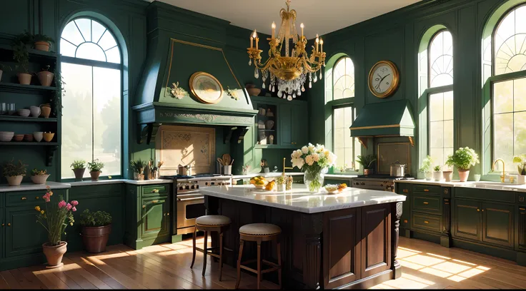 maximalist kitchen with lots of flowers and plants, golden light, award-winning masterpiece with amazing details large windows, highly detailed, Harpers Bazaar Art, fashion magazine, smooth, sharp focus, 8k, octane render, futuristic, neon