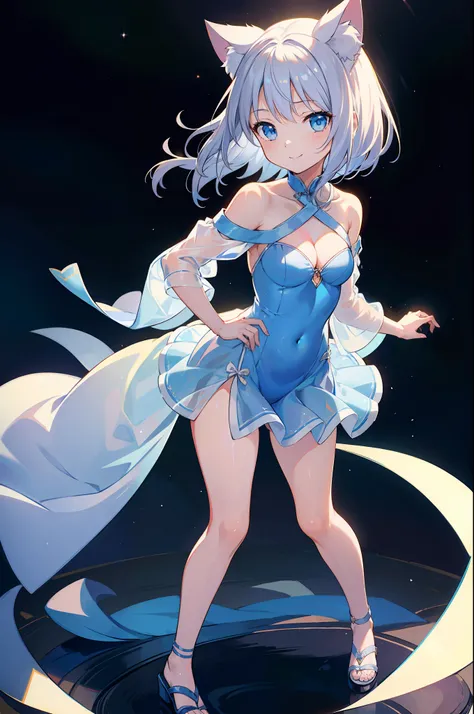 (Masterpiece), (Top Quality Anime Illustrations), (Super Definition), One Girl, Solo, Beautiful Girl with Silver Hair, Anime Loli, Cat Ear Loli, Petite Loli, Light Blue Miniskirt Cheongsam, See-through, Off Shoulder, Off Neck, Smile, Cleavage Enhancement, ...