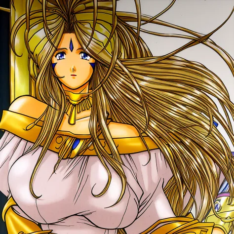 belldandy, large_breasts, facial_mark, jewlery, anime girl,