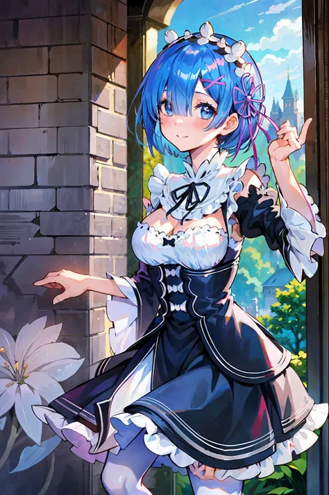 "blue hair, Rem (Re:Zero), [smiling], blushing, castle scenery, masterpiece, best image quality, optimal lighting, a single girl wearing a skirt, with medium-sized breasts, shy expression