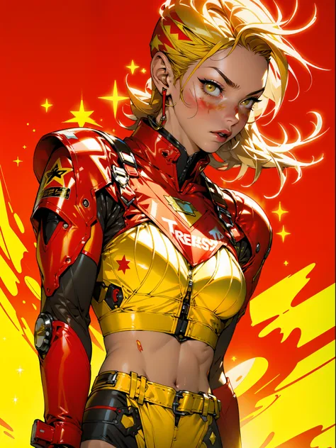 (((woman))), A 35-year-old muscular Russian warrior woman almost naked in the Simon Bisley style for the cover of Heavy Metal magazine, ((((tiny red thong))), super short blonde hair, Minimum clothing, red carbon fiber armor with yellow stars in hexagonal ...