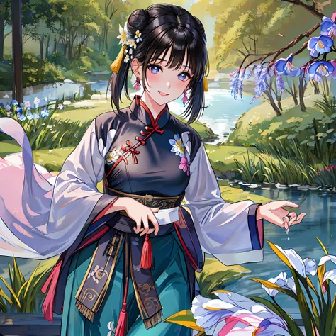 traditional chinese ink paintingflower,butterfly, grass,dawn,near the lake,waterfall, trees, shukezouma1girl,erjiewearing hanfu ...