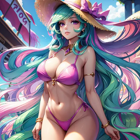 Princess Celestia, Princess Celestia from my little pony, Princess Celestia in the form of a girl, long hair, lush hair, big breasts, voluminous breasts, firm breasts, on the beach, in a swimsuit, pink swimsuit, tanning, on schizlong, in sunglasses, in a h...