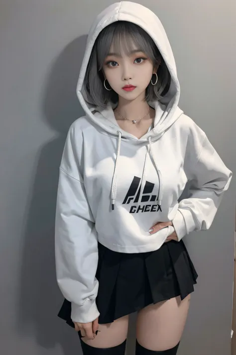 17-year-old cool korean, big round breasts, hooded hoodie, cropped length cut and sewn, skirt, eyes beautiful to detail, eyelash...