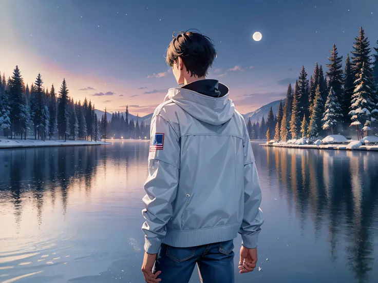 a teenager male, stand alone on the lake surface, look at the moon, the water surface mirror, snowy, panorama, from behind, ray ...