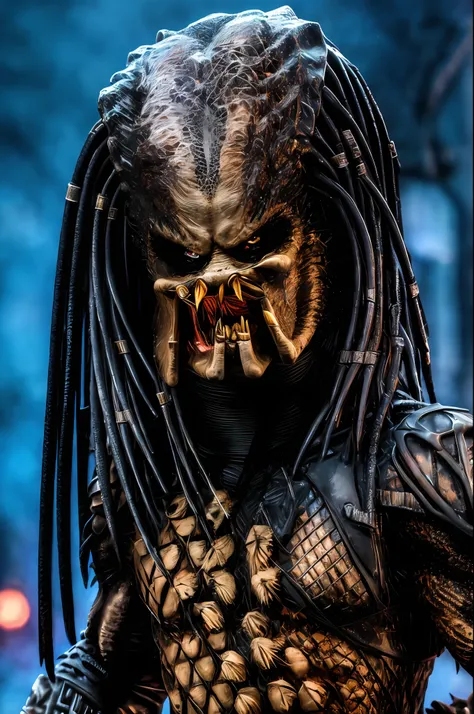 dark scene, a ((close-up portrait)) of a yautja predator with sharp teeth, detailed head and face, perfect teeth,  perfect body,...