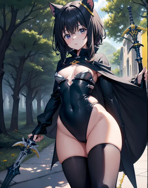 Fantasy, 1 tiny_ Girl, (Loli)++, slender_child, cat_ears, Cape,Outdoor,Leotard, Shy, (bare_groin)++, hold_huge_sword_hilt, Solo, Thighs, covered_,apart_legs,