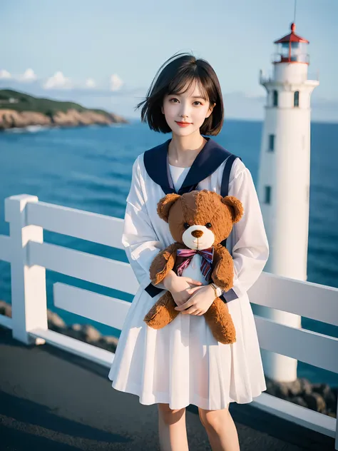 coastal beauty, 1 girl, (short hair), school uniform, (big eyes, thin face, white skin, carefree expression), beach background, ...