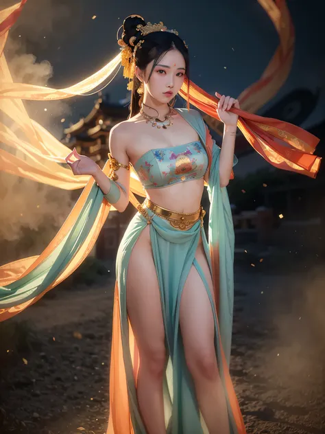 NSFW, Masterpiece, Best Quality, Full Body Shot, (Dark Photo: 1.3), Realistic, 1 Girl, Urzang, (PureErosFace_V1:0.7), 1 Girl Under the Moon ((Flying)), Chinese Immortals, dunhuang_cloths, dunhuang_style, (Chinese palace in the sky in the background: 1.5), ...