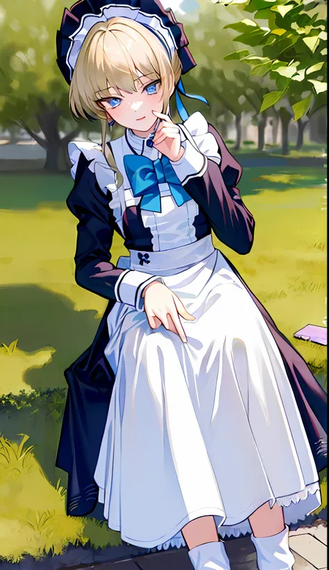 18-year-old beautiful girl, ((((Masterpiece)))), (((highest quality)))), (((Very detailed))), detailed fingers, precise fingers, not unnatural hands, illustration, 1 girl, solo, tied blonde, blue eyes, long-sleeved maid clothes, white high socks, TOKI,
