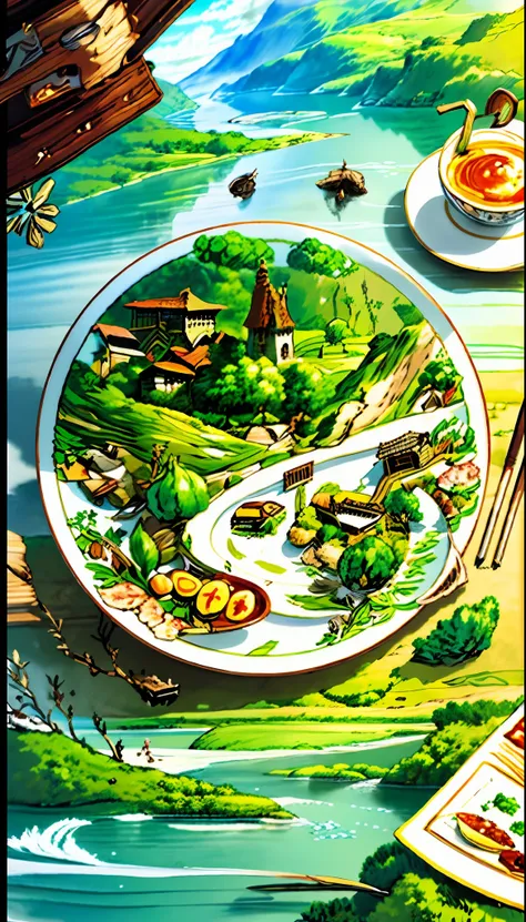 there is a picture of a plate with some landscape scenes in it, some food on the plate, vignettes, detailed 2d illustrations, de...