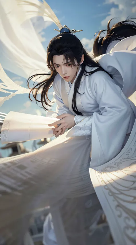 Realistic skin texture, highly detailed, 8k wallpaper, volumetric lighting, dynamic lighting, white long hair man, long hair flying, Chinese style white robe, black embroidery pattern, dynamic perspective, clouds and mist, ancient Chinese architecture,