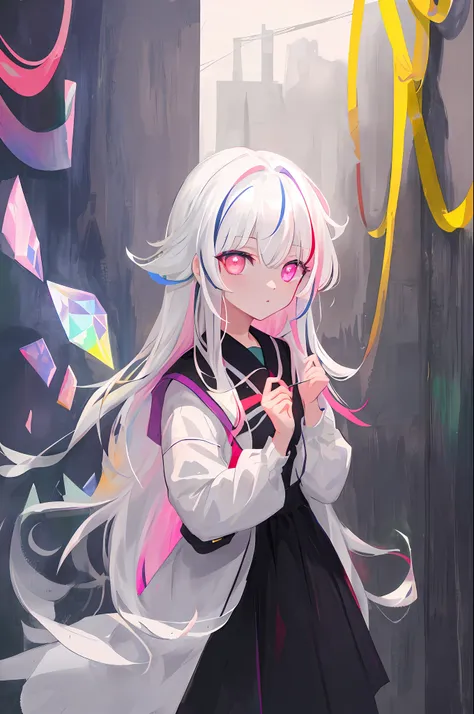 Masterpiece, Best Quality, High Quality, High Resolution, Masterpiece* Portrait, Blank, Colorful, 1girl, Solo, White Hair, Prism Hair, [Pink|Green] Eyes, Gradient Eyes, Multicolored Eyes, Glowing Eyes, Glowing, Glowing, Glowing, Glowing full_body, Glowing,...