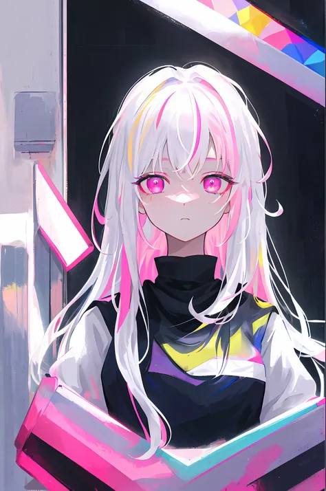 Masterpiece, Best Quality, High Quality, High Resolution, Masterpiece* Portrait, Blank, Colorful, 1girl, Solo, White Hair, Prism Hair, [Pink|Green] Eyes, Gradient Eyes, Multicolored Eyes, Glowing Eyes, Glowing, Glowing, Glowing, Glowing full_body, Glowing,...