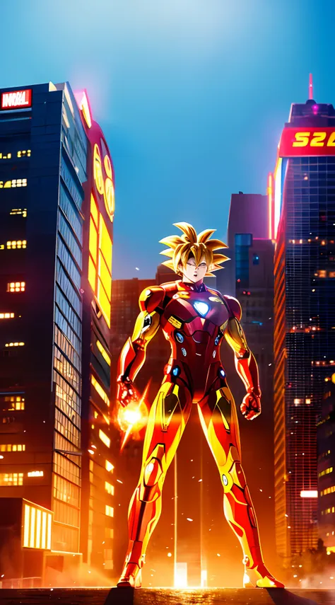 super saiyan goku, wearing iron man suit, standing in front of a building, iron man, like iron man, cyberpunk iron man, iron man...