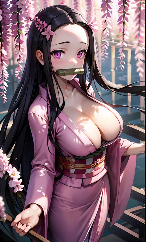 masterpiece, (pink kimono), seductive face, good lighting, décolleté, fine details, masterpiece, glowing eyes, 1girl, black hair...