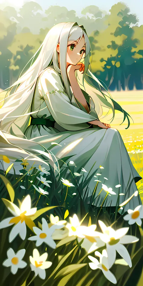 (Masterpiece, best quality, finest), a girl with long white hair sitting in a field of large green grass and flowers, hand holding chin, soft lighting, white dress, blurred foreground，