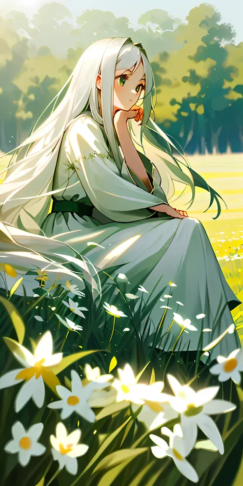 (Masterpiece, best quality, finest), a girl with long white hair sitting in a field of large green grass and flowers, hand holding chin, soft lighting, white dress, blurred foreground，