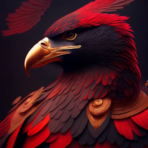 intricate and colorful, (digital painting:1.2) giant eagle, scarlet and gold plumage, head on, flying with talons extended, conc...