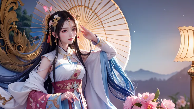 (8k, RAW photo:1.2),best quality, ultra high res,dramatic angle,(fluttered detailed color splashs), (illustration),(((1 girl))),(long hair),(rain:0.9),(hair ornament:1.4),there is an ancient palace beside the girl,chinese clothes,(focus on), color Ink wash...
