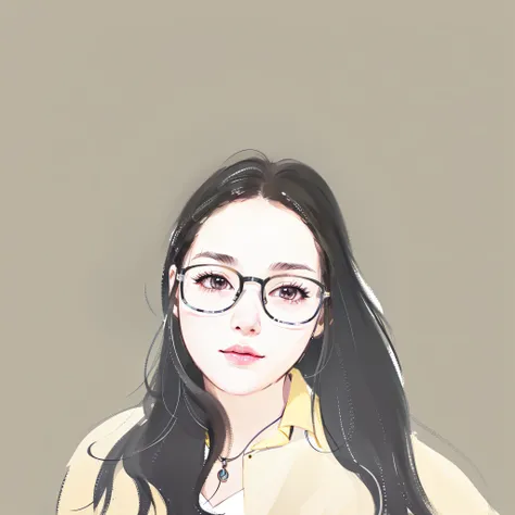 High quality, drawing of a woman with glasses and a yellow shirt, bust portrait, girl with glasses, draped in hair, bust portrait, vector style drawing, portrait illustration, digital portrait, personal portrait, 🎨🖌️ anime style
