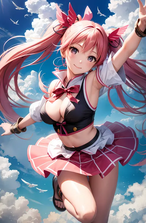 the highest quality、Ultra High Res、(photorealistic:1.4)、Japaneses、charming face。Model Face。hair long。slender。a smiling look、BIKINI、beautiful detail、pink hair。Twintails。Big Boobs。Mini skirt。ear ring。Raking up your hair。Colorful skirt。Detailed details。vivid。...