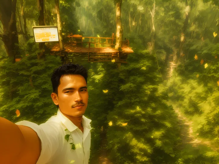 there is a man taking a selfie in the woods, in front of a forest background, selfie photo, in jungle forest !!!, indian forest, lonely scenery yet peaceful!!, selfie!!!!! of a man, in jungle forest, in forest jungle, connected with hanging bridge!!, in de...