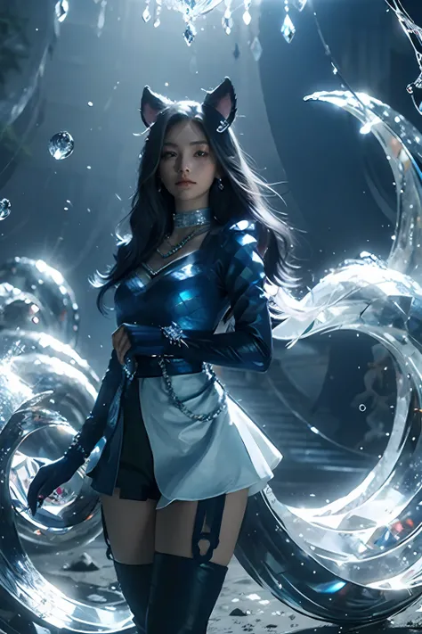 masterpiece, best quality, highres, mer1, tiara, sailor senshi uniform, blue sailor collar, bow, knee boots, choker, white gloves, blue choker, elbow gloves, jewelry, earrings, blue skirt, cowboy shot, orb, crystal ball, 1girl water yushushui,ahri, ahri (l...