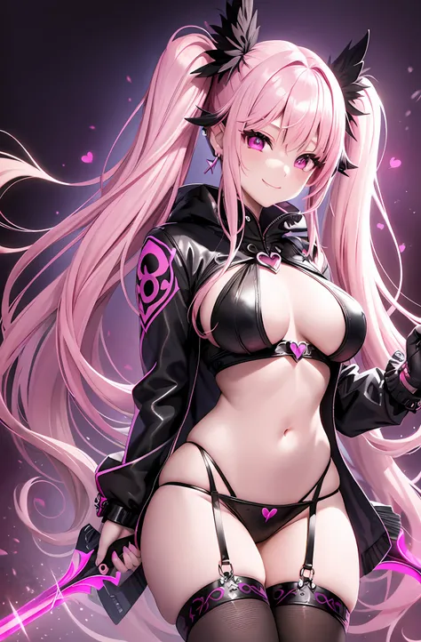 Pink hair. Pigtails. Miniskirt. Earring. Devils wings. Naked. Fallen angel. Yami Ochi. Evil chi. Devil. Infant. Enchantress. Luminous eyes. Atmosphere. Heart-shaped vacant chest. Kama of the Grim Reaper. Scythe. Heart logo. A big smile. Large Kama weapons.
