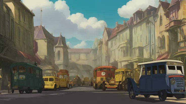 steampunk city, street view,_ghibli_anime_style style