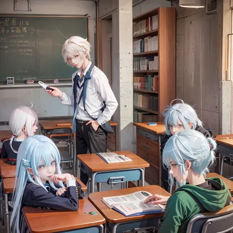 a group of anime in the classroom points to isolated white-haired anime boys