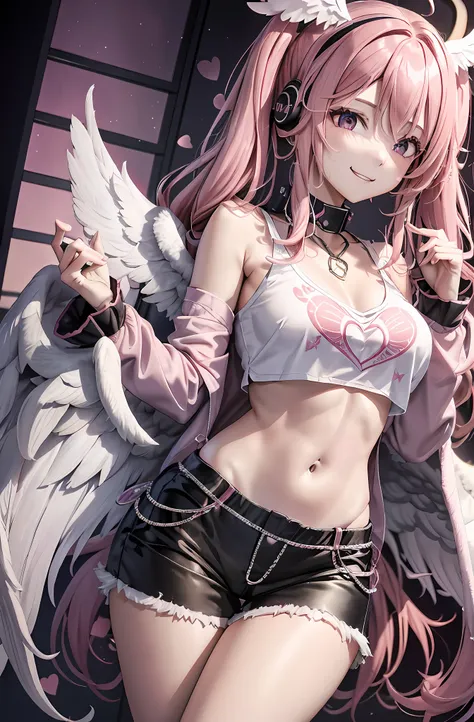 pink hair. long hair. pigtails. long pants that are cut off. parka. earring. angel wings. heart-shaped vacant chest. heart logo....