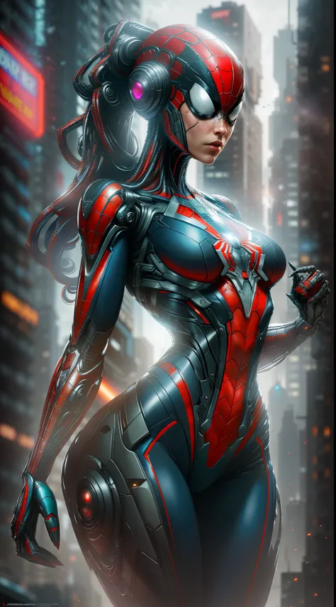 photo of woman dressed as spider-man from marvel, biomechanical, complex robot, full growth, hyper-realistic, insane small detai...