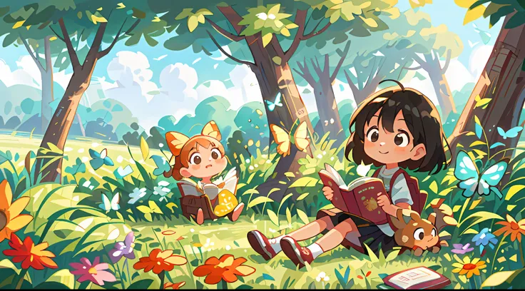 High Detail, Ultra Detail, 8K, Ultra High Resolution A cute and innocent girl, child, toddler, reading a book and enjoying her time in the open field, surrounded by the beauty of nature, warm sun sprinkling on her, wildflowers gently swaying in the breeze....