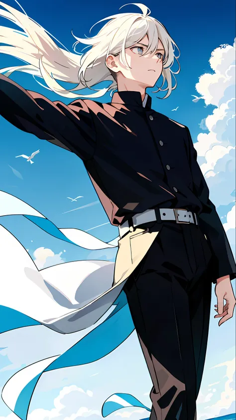 original charcter , 1boy , looking away , hair blowing in the wind , beautiful shot , serious face, rim light, eyes half closed,solo