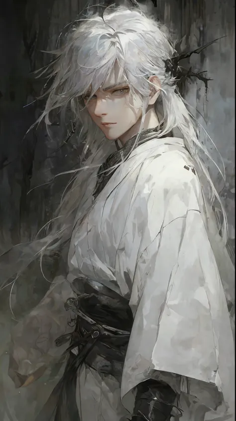 a close up of a person with white hair and a sword, white haired deity, with white long hair, with long white hair, artwork in t...