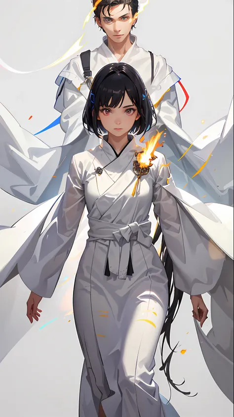 1girl, solo, boy in white robe, glowing eyes, light glowing behind, black hair, masterpiece, best quality, realistic, hyper-deta...